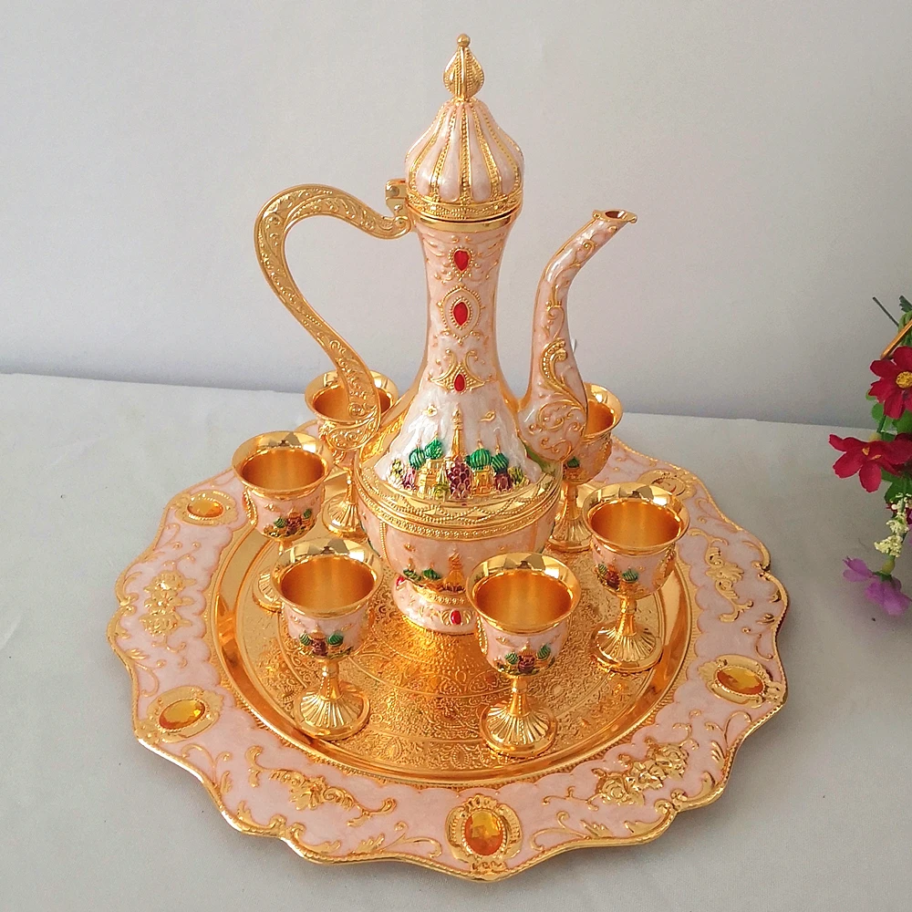 

New Arrival Golden and white Coffee set Wine Set Tea set Castle pattern metal hotel/room decor 1 set= 1 plate+ 1 pot +6 cups