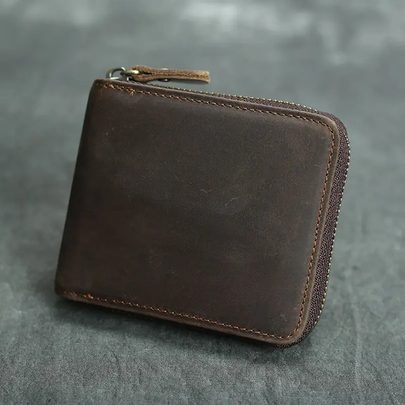 Short Organizer Wallet Man With Zipper Around Genuine Leather Male Coin Purse Crazy Horse Leather Card Holder For Boys Vintage Short Organizer Wallet Man With Zipper Around Genuine Leather Male Coin Purse Crazy Horse Leather Card Holder For Boys Vintage