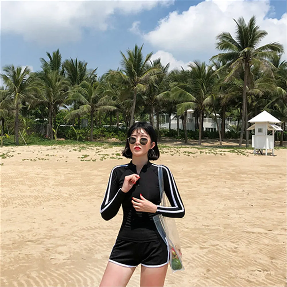 Long Sleeve Two Piece Rash Guard Women Solid Swimwear Zipper Tankini Shorts Surfing Suit Striped Dive Suit Push Up Swimsuit Pad
