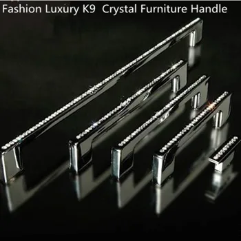 

96 128 160 192 224 256 288 320 352mm Fashion luxury K9 crystal plished chrome silver wardrobe kitchen cabiner door handle knob