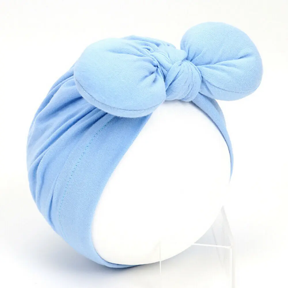 Newborn Toddler Baby Girls Turban Soft Silk Beanie Big Bow Hat Cap Wrap Headwear Headband Hats Accessories Candy Color Cute - Color: Sky blue