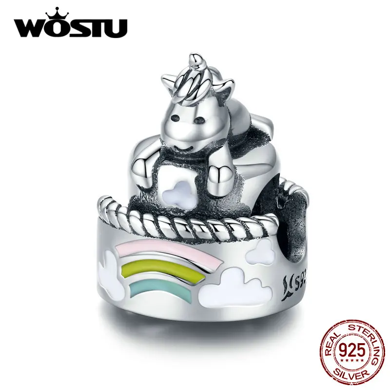 WOSTU Настоящее 925 пробы серебряный единорог на день рождения бисер торт кулон подходит браслет талисманы серебро 925 ювелирные изделия FIC1311
