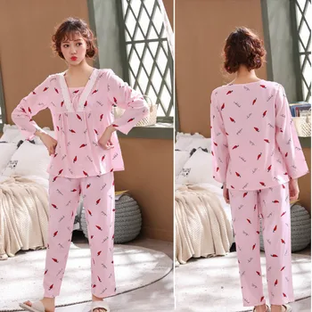

Women's New Pajamas Spring and Summer Long-sleeved Trousers Cotton Silk Suit Lace Printing Home Service Pijamas Verano Mujer