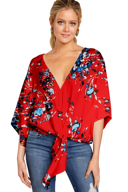 Summer Elegant Office Blouse Women Clothes V-neck 3/4 Sleeve Floral Print Streetwear Shirts Womens And Blouses Plus Size Tops Color-4