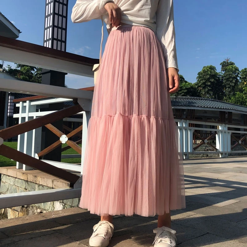 Vintage Gothic Black White Pleated Long Tulle Skirt Tutu Femme High Waist holiday Runway Mesh Skirts Womens 2022 Jupe Casual