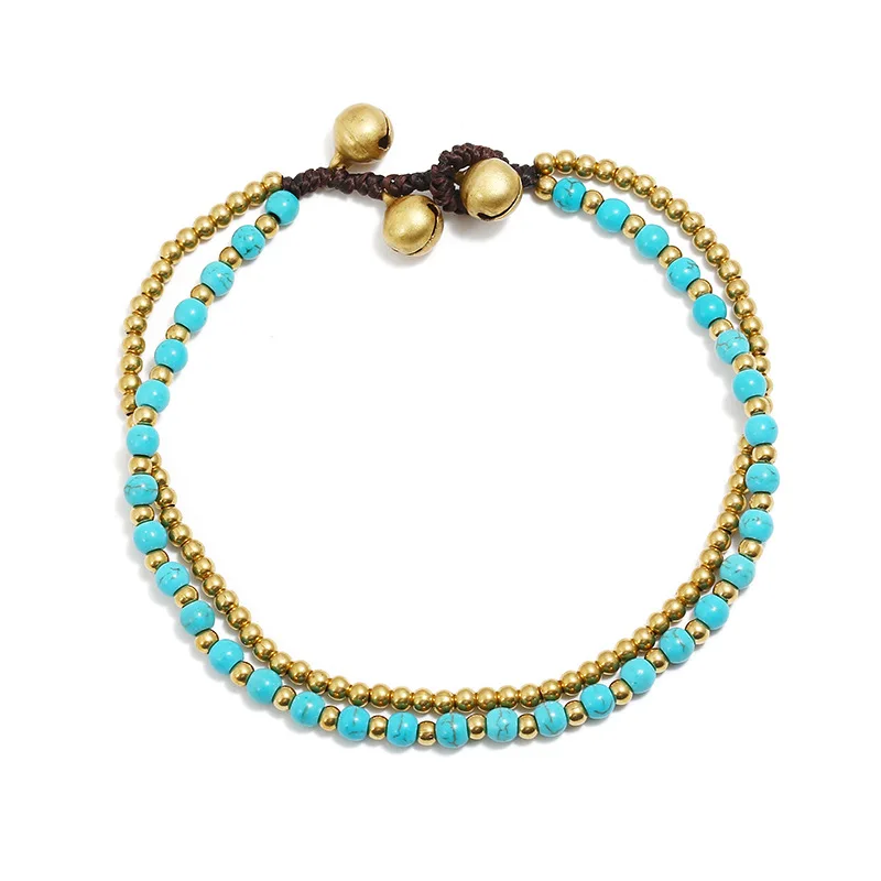 Ethnic Style Turquoise Copper Bead Bells Women's Anklets Beach European and American Bohemian Style Simple Feet Beads Anklet