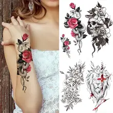 DIY Mamba wąż kwiat róży tymczasowy tatuaż dla kobiet mężczyzn piwonia lew fałszywy tatuaż naklejki przednie ramię pół rękaw wodoodporny tatuaż tanie tanio FANRUI Jedna jednostka CN (pochodzenie) 21X11 5cm