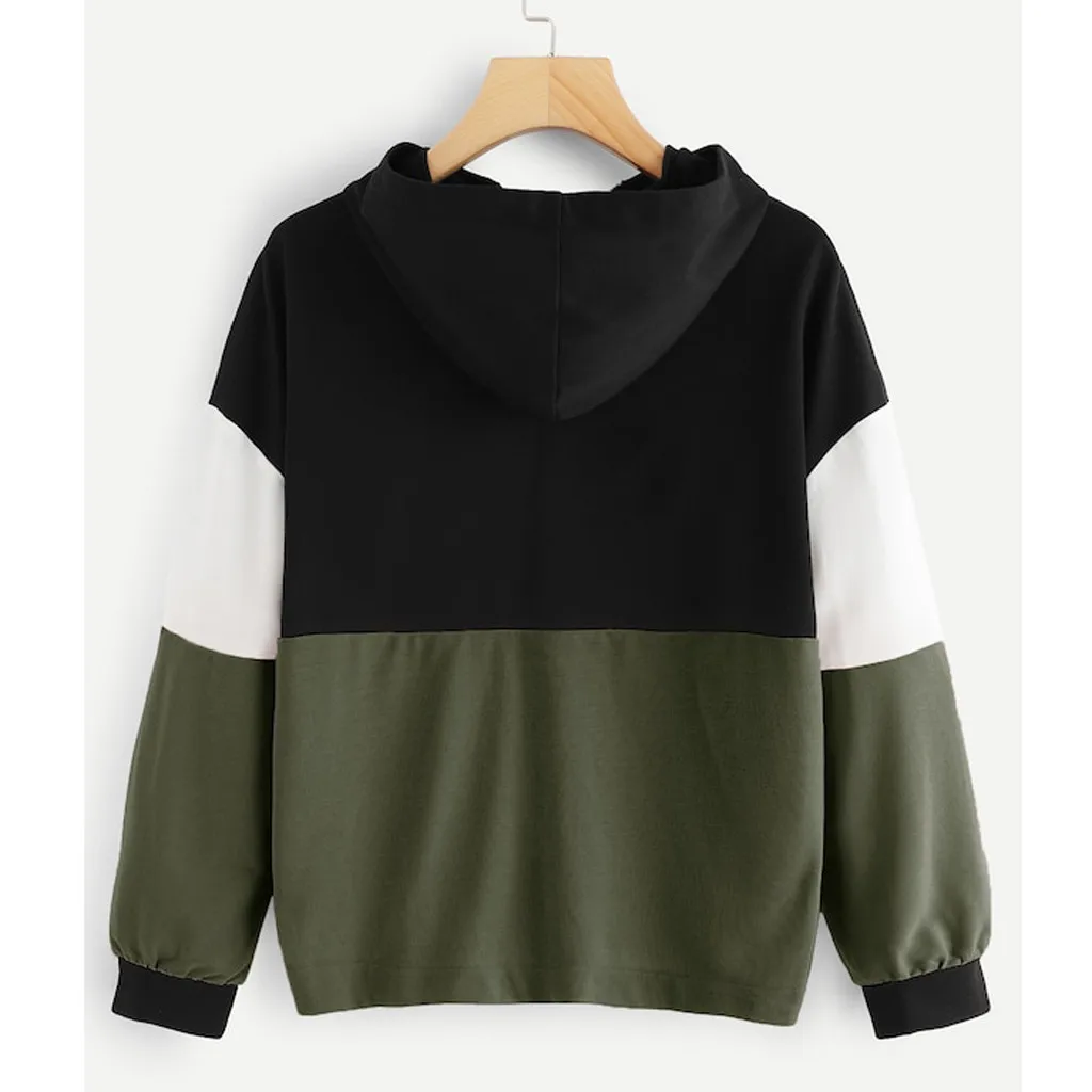 JAYCOSIN Fashion Women Zipper Hoodie Color Block Sweatshirt Casual Simple Loose O-Neck Comfortable Soft Jumper Blouse