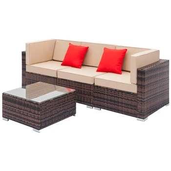 

Fully Furniture Equipped Weaving Rattan Sofa Set with 2pcs Corner Sofas & 1pcs Single Sofas & 1 pcs Coffee Table Brown Gradient