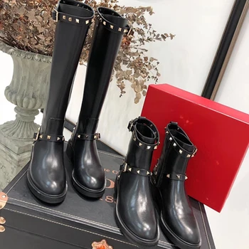 

Women Knee High Boots zip Low Heel Women Shoes Cool British Rivet Studed Geniue Leather Short Boots Party Shoes Dropshipping