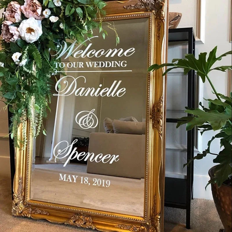 Wedding Welcome Mirror Vinyl Sticker Simple Design Personalized Names Decal Wedding Sign Mirror Decor Custom Wedding Art AZ657