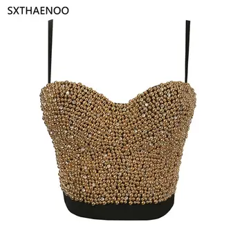 

SXTHAENOO Fashion Hand-made Summer Rhinestone Bustier Gold Pearl Crop Top Sleeveless Top Women For Stage Vest
