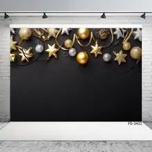 Виниловый тканевый фон для фотосъемки с рождественскими шариками звездами и лентой черного цвета для маленьких детей, вечерние Фотообои