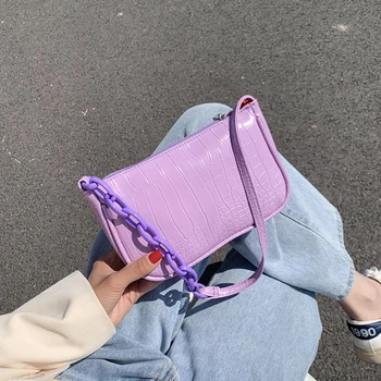 

Women Bag Crocodile Pattern Baguette Handbag 2020 Candy Color Chain Ladies Small Shoulder Bags Fashion Design Leather Armpit Bag