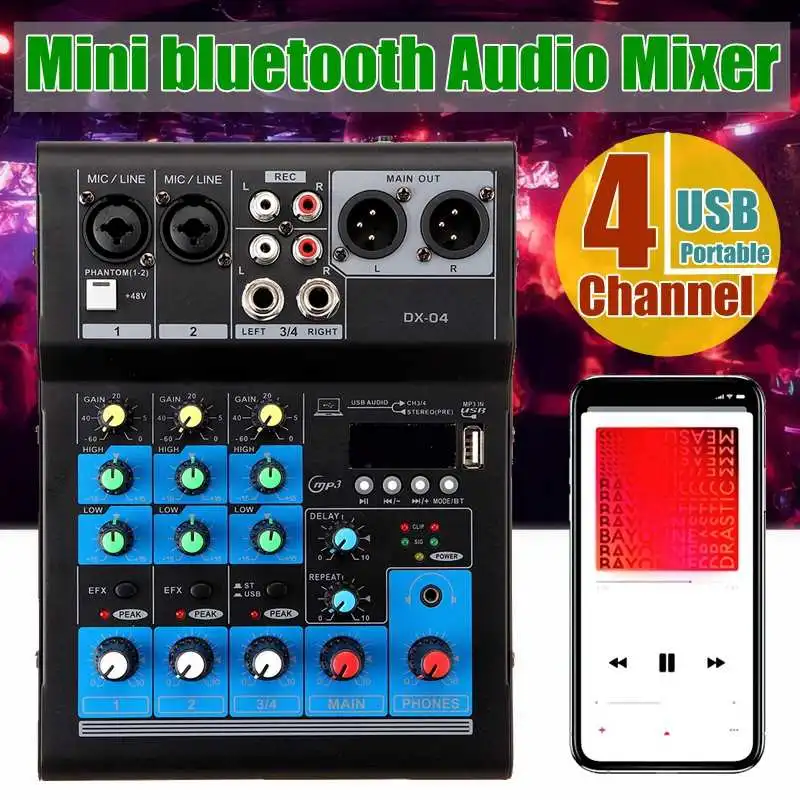 

Professional Audio Mixer Mini Portable 4 Channel bluetooth Mixer Karaoke 48V Amplifier for KTV Party Live Performance