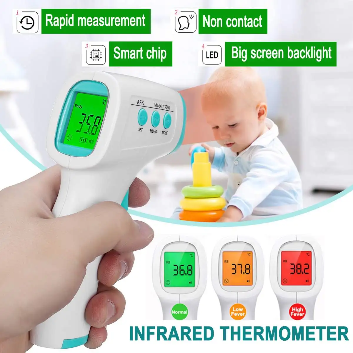

LCD Portable Infrared Digital Thermometer Ear Forehead Tri-color Flash HD Screen Thermometer Baby Health Management