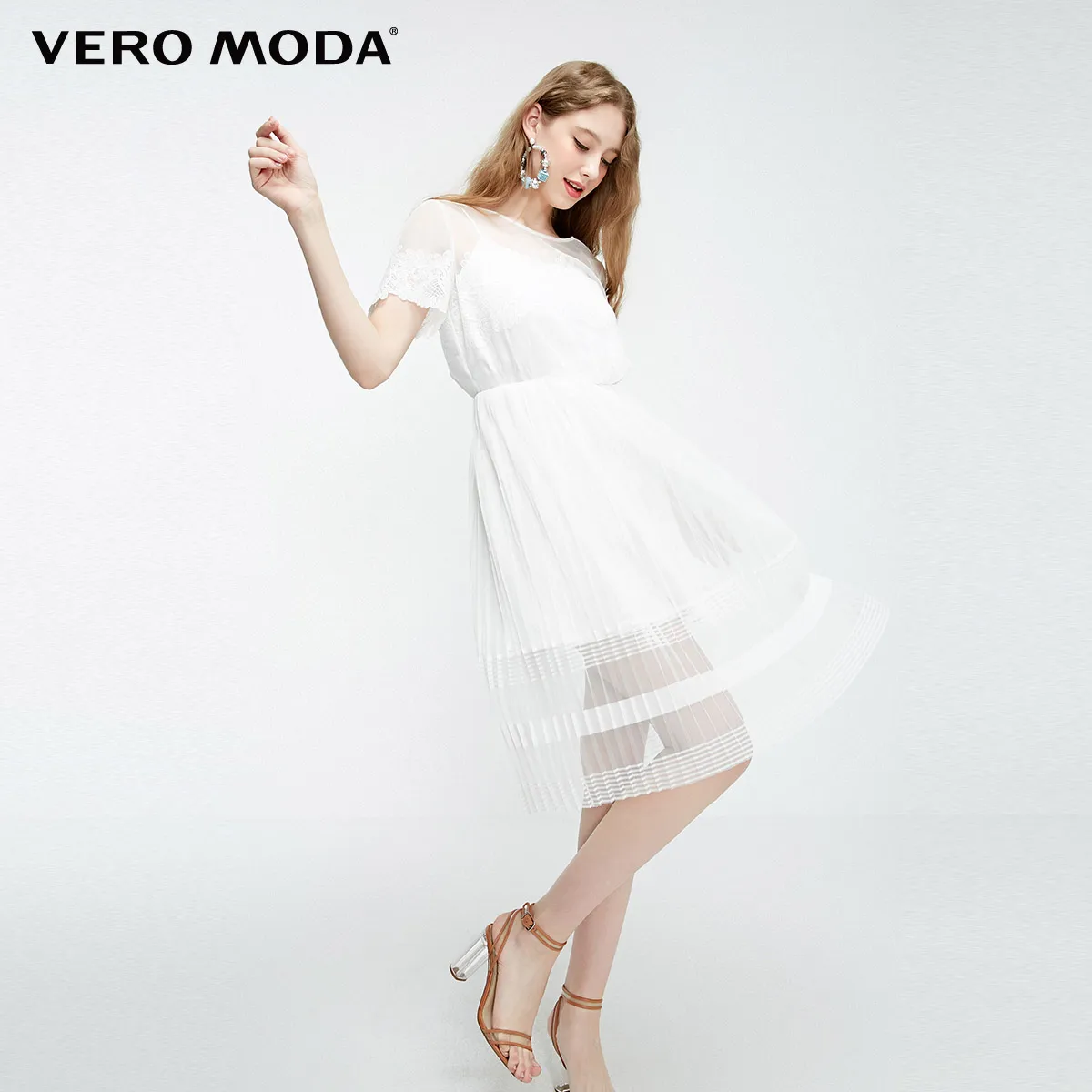 Vero Moda женское кружевное плиссированное платье средней длины на подкладке | 31927B565 - Цвет: S85 Snow white