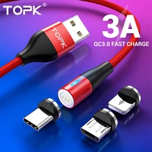 TOPK AM60 3A 3-го поколения, светодиодный кабель для быстрой зарядки, магнитный кабель Micro usb type C для iPhone 11X8 7, usb-кабель для зарядки и передачи данных