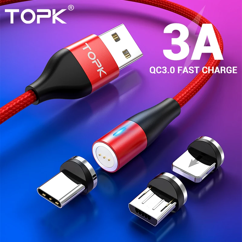 

TOPK AM60 3A 3rd Generation Fast Charging LED Magnetic Micro USB Type C Cable for iPhone 11 X 8 7 USB Data Charging USB C Cable