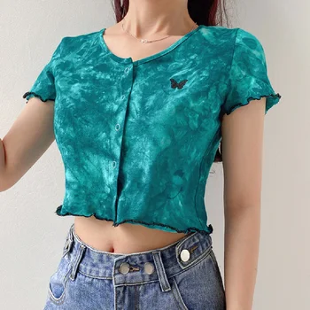 

2020 Fashion Hot Butterfly Print T-Shirt O-Neck Short Sleeve T-shirts Casual Slim Shirt Crop Tee Women's Tie-dye Short Tops