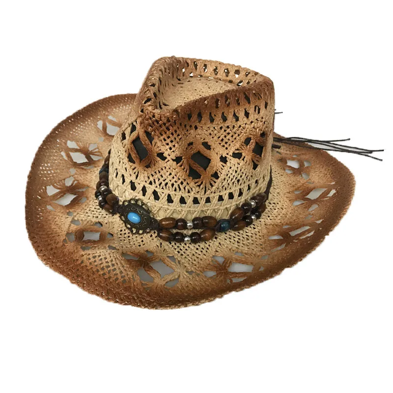 YY 3 цвета Популярные ковбойские кепки летние полые соломенные шляпы от солнца мужские джаз шляпа с бисером ручной работы Женская дышащая пляжная шляпа CM19019 - Цвет: Khaki Cowboy Cap