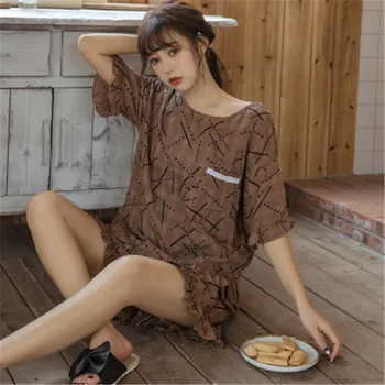 

Daeyard Cotton Pajamas Set Round Neck Shirts And Shorts 2 Pieces Home Suit Women Soft Sleepwear Summer Autumn Loose Nightwear