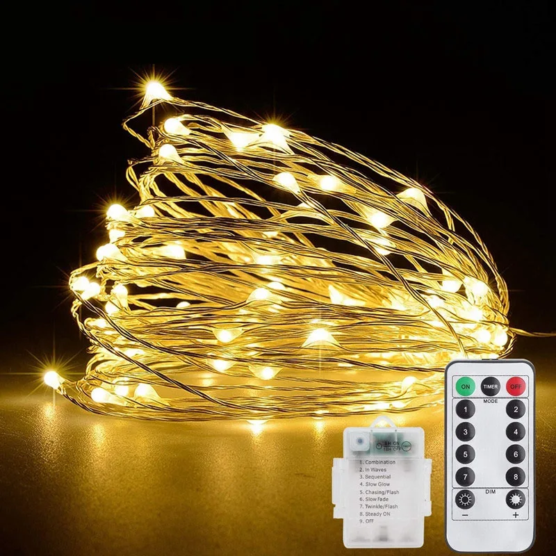 

10M 20M Waterproof Remote Control 8 Function Silver Wire LED String Lights AA Battery-Powered Christmas Wedding Decoration Light