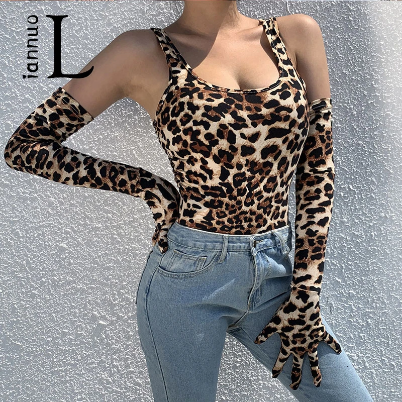 

Sexy Leopard Print Tank With Gloves Bodysuits 2019 Winter Women Off Shoulder Backless Romper Female Party Club Tops
