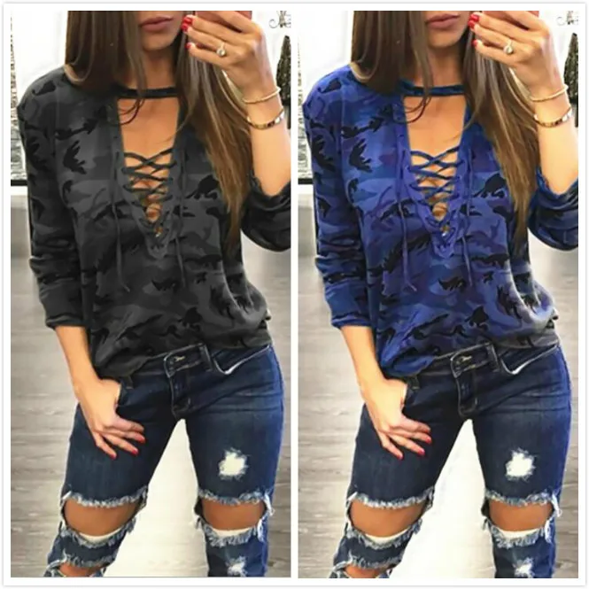 

oversize Women Camouflage Sweatshirt V-Neck Hoodies Pullovers Female Long Sleeve Bandage Tracksuits Jumper Tops Sudaderas Mujer