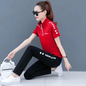 

Female sport suit summer wear short-sleeved summer trousers collar clothes new women's fashion of loose big yards