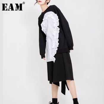

[EAM] Women Black Ruffles Split Joint Temperament T-shirt New Round Neck Long Sleeve Fashion Tide Spring Autumn 2020 1B893