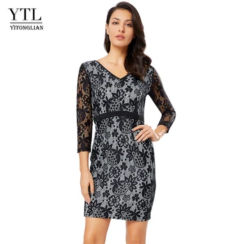 

YTL Women Elegant Christmas Dresses Floral Lace V Neck 3/4 Sleeve Evening Party Basic Dress Bodycon Pencil Sheath Dress H336