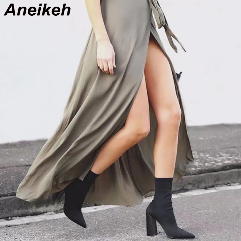 Aneikeh 여성용 앵클 부츠, 포인티드 토 양말 부츠, 스퀘어 하이힐 부츠, 슬림 스트레치, 보타 페미니나 41, 패션