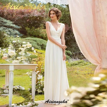 

Aixangsha Chiffon Appliques Wedding Dresses A-Line Lace Beaded Vestido De Noiva Sleeveless Deep V Neck Robe De Mariage For Women