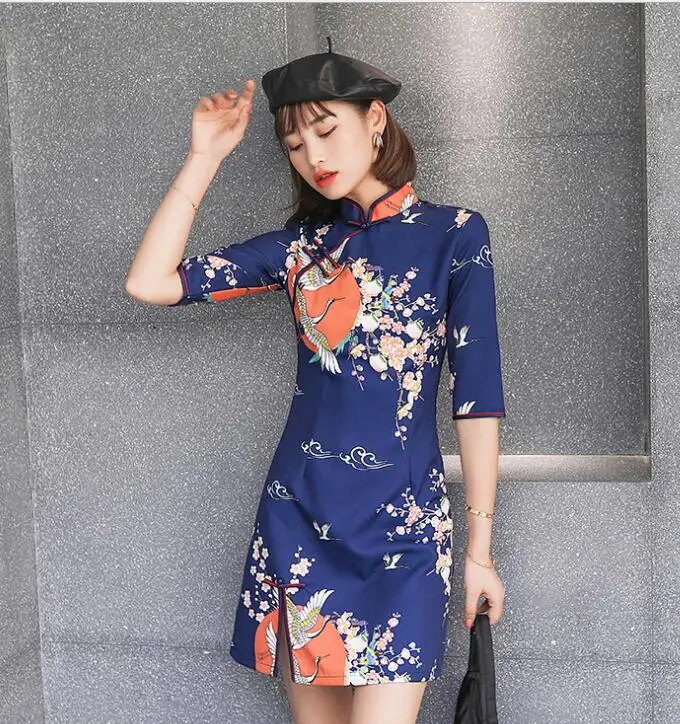B Синее китайское традиционное платье женское короткое Qipao модное шелковое Чонсам с цветком Mujer Vestido Размер S M L XL XXL - Цвет: B