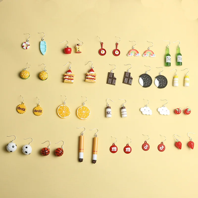 

Cartoon Hamburg earring chocolate cookies milk bottle life buoy winebottle Fried Eggs cake cute fun fashion women alloy earring