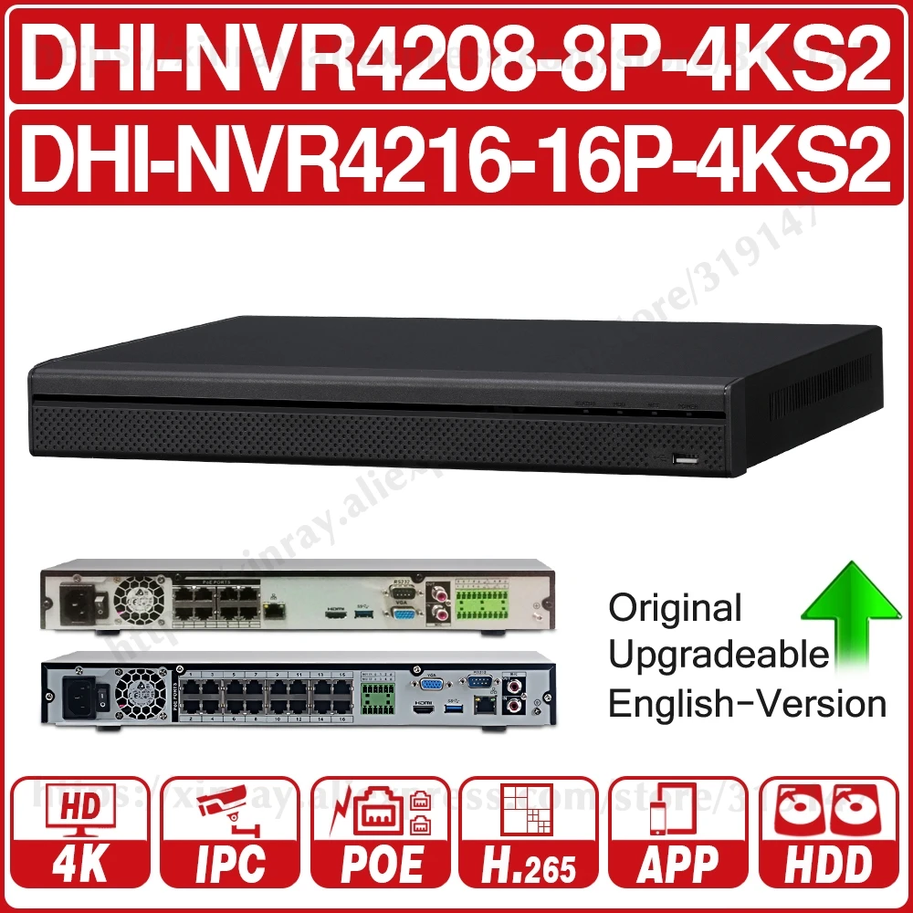 Dahua NVR 8CH 16CH 4K NVR4208-8P-4KS2 NVR4216-16P-4KS2 con HDD Port4K PoE H.265 2 SATA para IPC IP 
