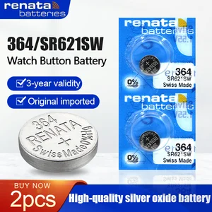 Renata-Batería de reloj de óxido de plata, 364 Original, 164, SR621SW, AG1, LR60, GP364, 1,55, EE6202, 100% V, 2 piezas