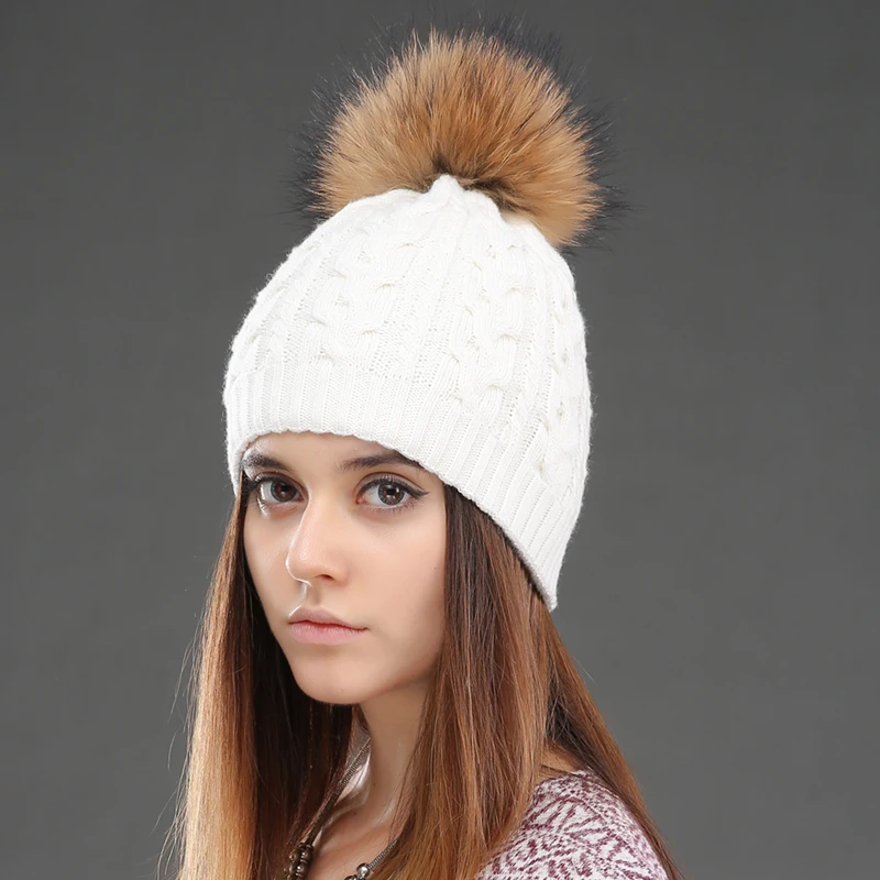 CNTANG 2026 Damen Doppellagige Strickmützen Winter Warme Beanie-Mützen Wollmütze mit Bommel Natürliches Waschbär-Fell Modische Damen-Kappe – Detail 21