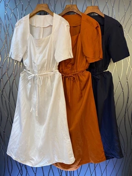 

2020 Spring and Summer New Women's Irregular Neckline Waist Belt Knotted Midriff Outfit Short Sleeve a Swing Dress 605