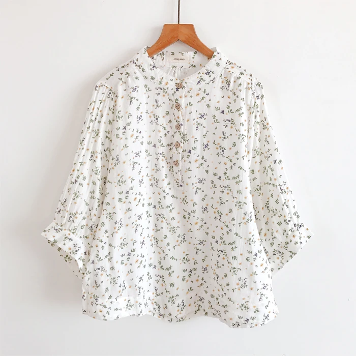 2020 New Summer Women Cotton yarn Blouse Japan Style Mori Girl Floral Print Stand Collar Three Quarter Sleeve Women Shirt 3