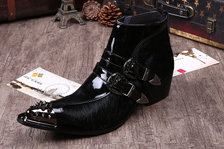 Черный Christia Bella British Style Male Buckle Real Leather Party Short Boots Motorcycle Men's Rivet Pointed Toe Black Heighten Boots - Цвет: Черный