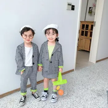 

2020 New Girls Boys 2 Pcs Plaid Set Coat+Long Pants Spring Cotton Fashion Kids Suits 1-6 Years PP848