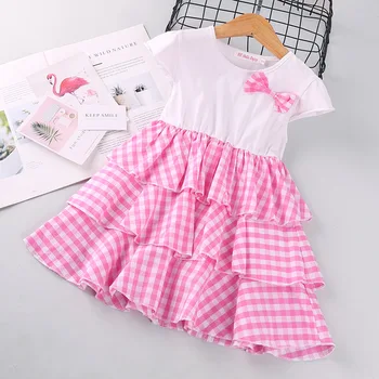

2020 New Summer Girls Cake Princess Dress Bow Kids Short Sleeve Party Elegant Plaid Dresses Children's Vestido Clothes for Girls