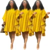 Women Yellow Loose Dresses Large Size Ladies O Neck Pleated Batwing Sleeves Solid African Fashion Casual Spring Summer Female ► Photo 2/6