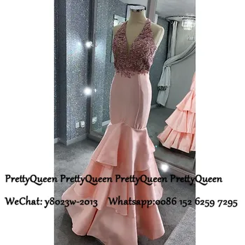 

Blush Pink Prom Dresses With Appliques Beads 2020 Long Tiered Mermaid Plunging Neck Evening Dress Party Vestido De Festa