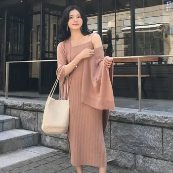 

2019 Autumn Winter Women Sweater Two Piece Set Solid Vintage Knit Cardigan Coat And Bodycon Mid Dress Suit Knitted Outfits