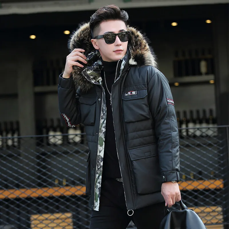 

Genuine Cow Leather Jacket Winter Down Jacket Racoon Fur Collar Long Coat Men Cowhide Leather Jacket ML-GF18122 KJ1185