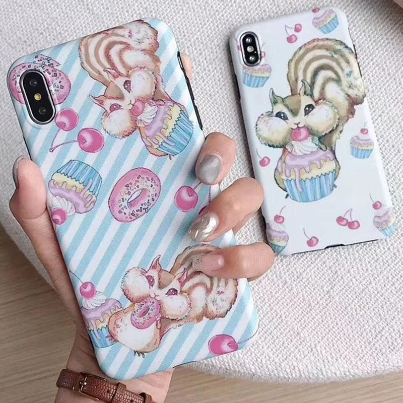

Cute cartoon Squirrel Stripe Phone Case For iPhone X 10 8 7 6 6s Plus XR XS Max X Cover Delicious cake cup pattern Cases