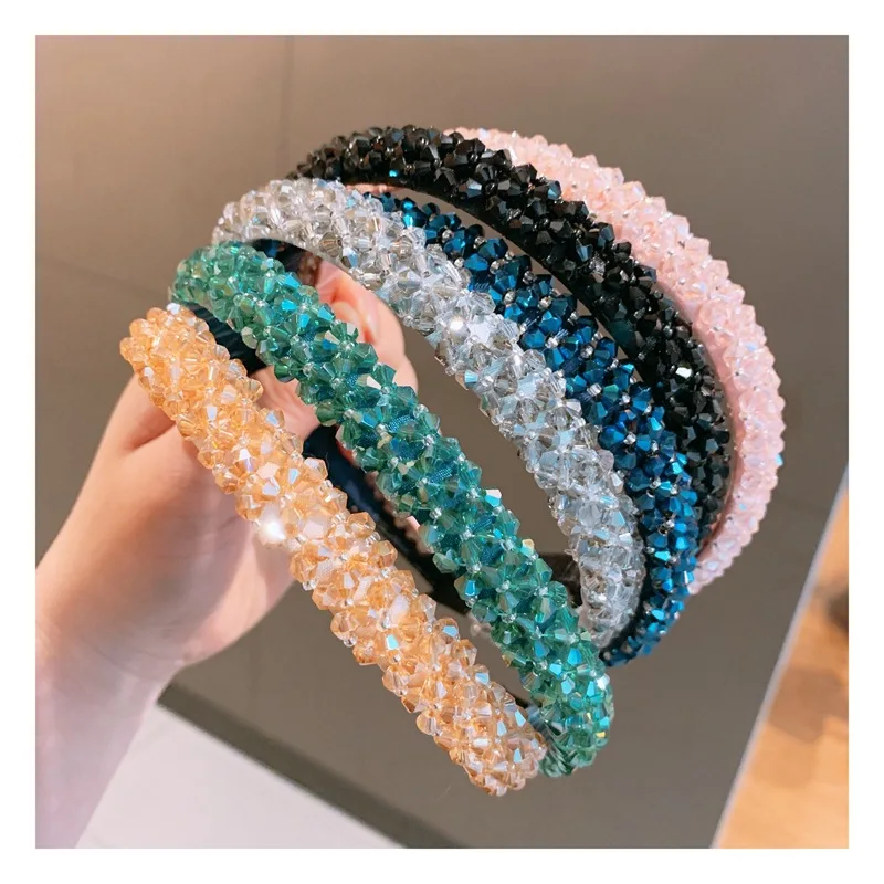 Solid Color Luxury Rhinestone Headband Women Beads Bezel Hair Hoop Korea Hairband Girls Bride Wedding Hair Accessories